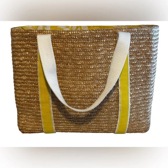 Sunny Hawaii Straw Tote Bag with Yellow Trim and Cream Handles - Picture 1 of 10